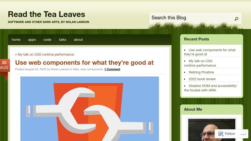 Screenshot of nolanlawson.com: Use web components for what they’re good at