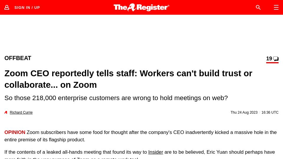 Screenshot of theregister.com: Zoom CEO reportedly to staff: Workers can't build trust or collaborate.. on Zoom