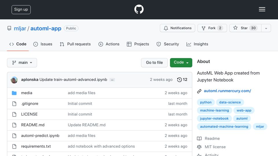 Screenshot of github.com: Show HN: Web App with GUI for AutoML on Tabular Data
