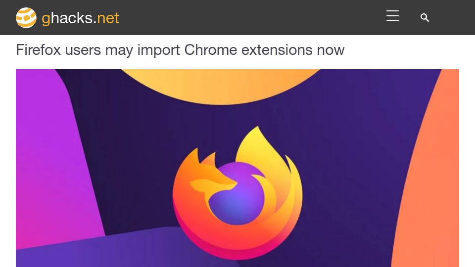 Screenshot of ghacks.net: Firefox users may import Chrome extensions now