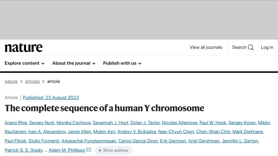 Screenshot of nature.com: The complete sequence of a human Y chromosome