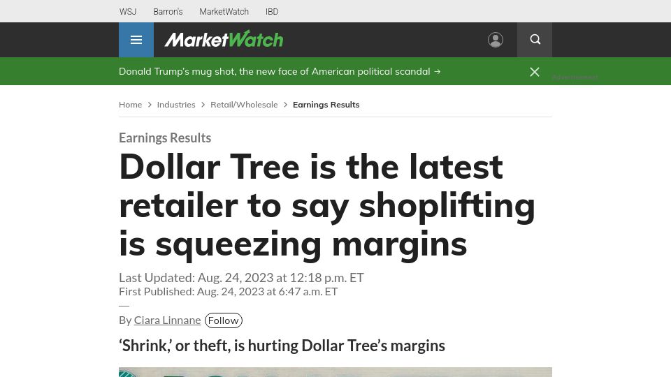 Screenshot of marketwatch.com: Dollar Tree is the latest retailer to say shoplifting is squeezing margins
