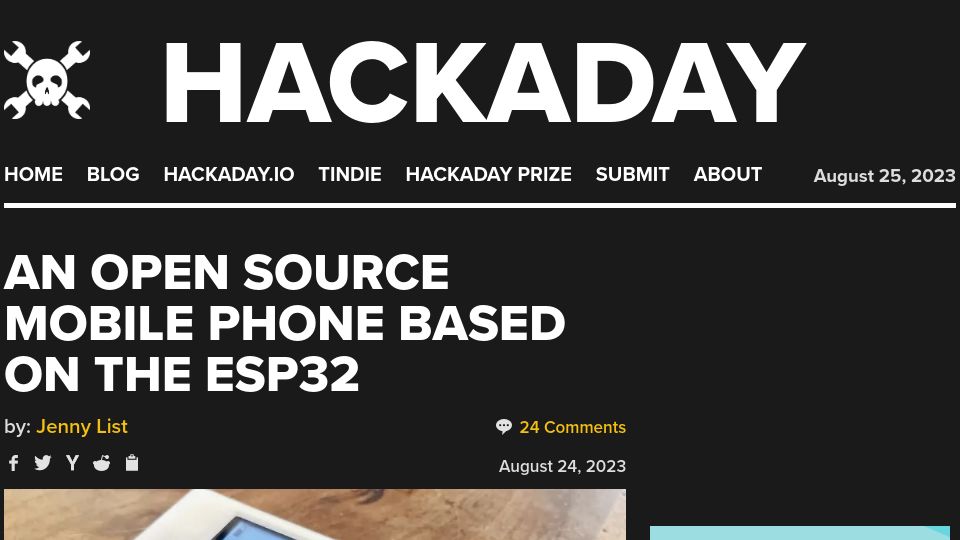 Screenshot of hackaday.com: An Open Source Mobile Phone Based on the ESP32