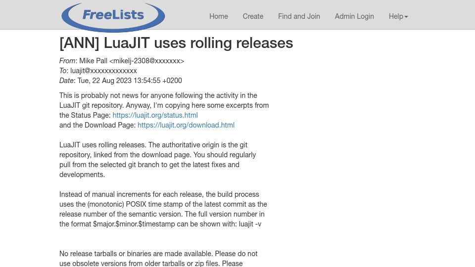Screenshot of freelists.org: LuaJIT uses rolling releases