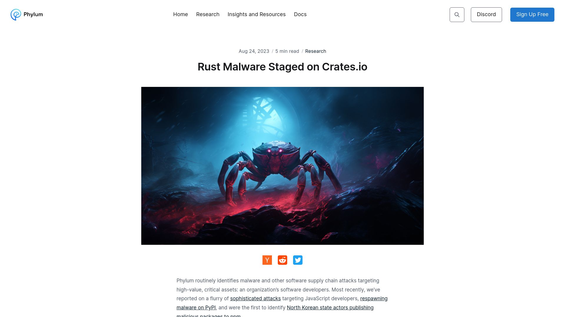 Screenshot of blog.phylum.io: Rust Malware Staged on Crates.io