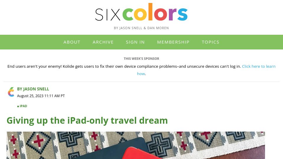 Screenshot of sixcolors.com: Giving up the iPad-only travel dream
