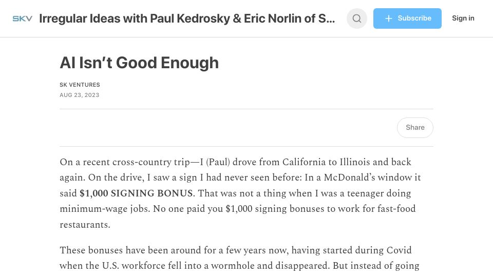 Screenshot of skventures.substack.com: AI isn’t good enough