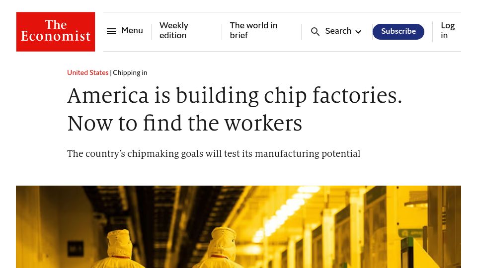 Screenshot of economist.com: America is building chip factories. Now to find the workers
