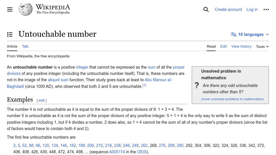 Screenshot of en.wikipedia.org: Untouchable number