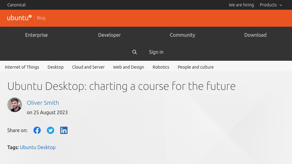 Screenshot of ubuntu.com: Ubuntu Desktop: charting a course for the future