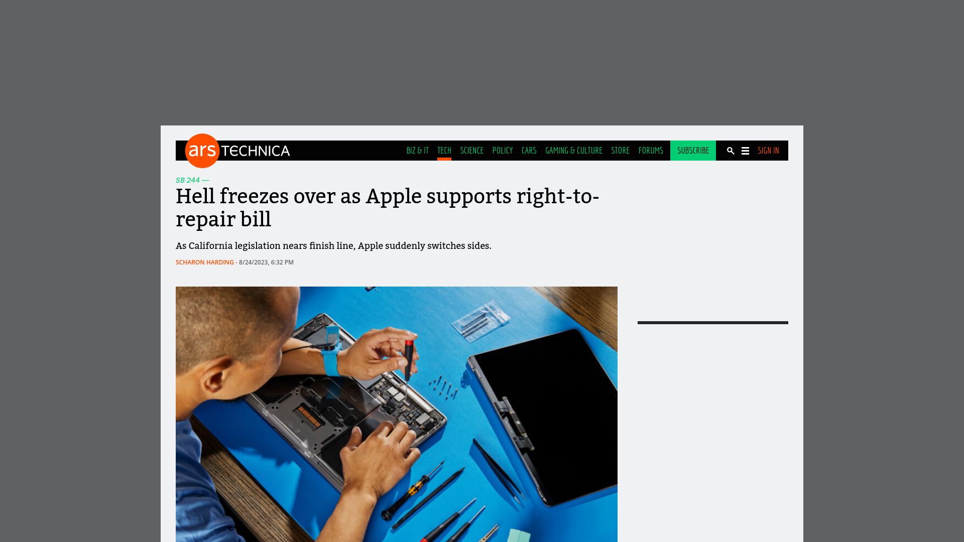Screenshot of arstechnica.com: Apple supports right-to-repair bill