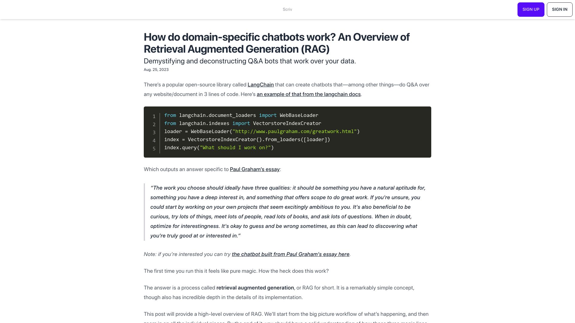 Screenshot of scriv.ai: How do domain-specific chatbots work? A retrieval augmented generation overview