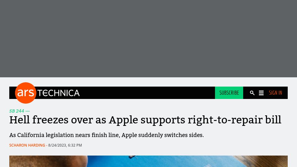 Screenshot of arstechnica.com: Apple supports right-to-repair bill