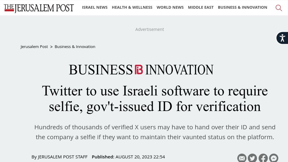 Screenshot of jpost.com: X to use Israeli software to require selfie, govt-issued ID for verification