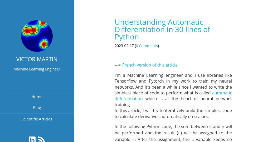 Screenshot of vmartin.fr: Understanding Automatic Differentiation in 30 lines of Python