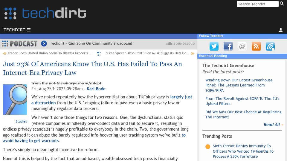Screenshot of techdirt.com: Just 23% of Americans Know the US Has Failed to Pass an Internet-Era Privacy Law