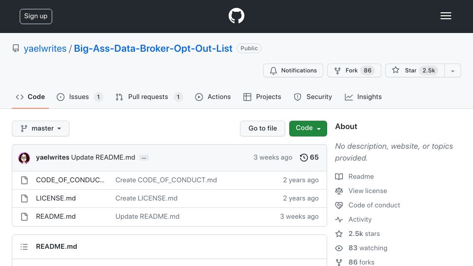 Screenshot of github.com: Big Ass Data Broker Opt-Out List