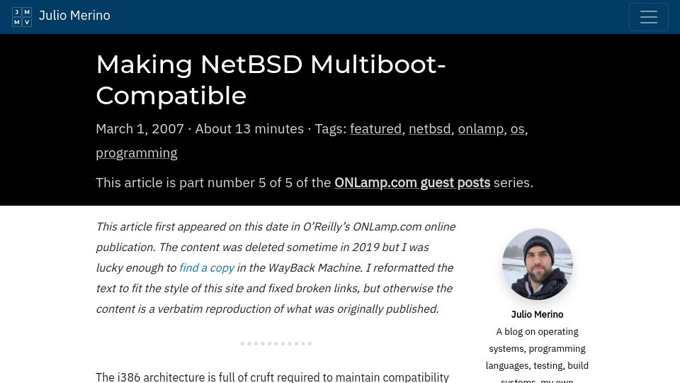 Screenshot of jmmv.dev: Making NetBSD Multiboot-Compatible (2007)