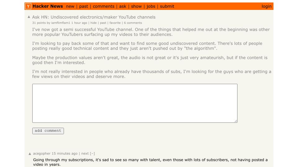 Screenshot of Hacker News post: Ask HN: Undiscovered electronics/maker YouTube channels