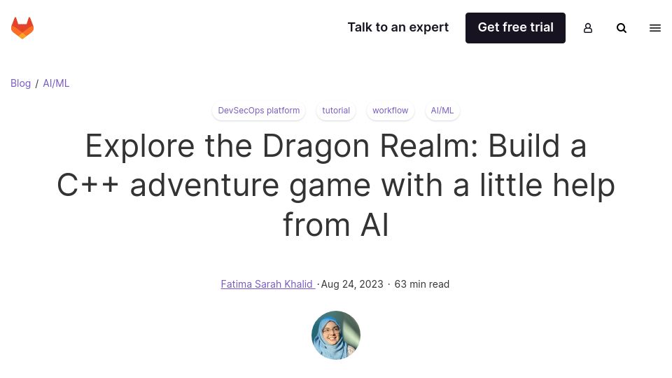 Screenshot of about.gitlab.com: Explore the Dragon Realm: Build a C++ adventure game with a little help from AI