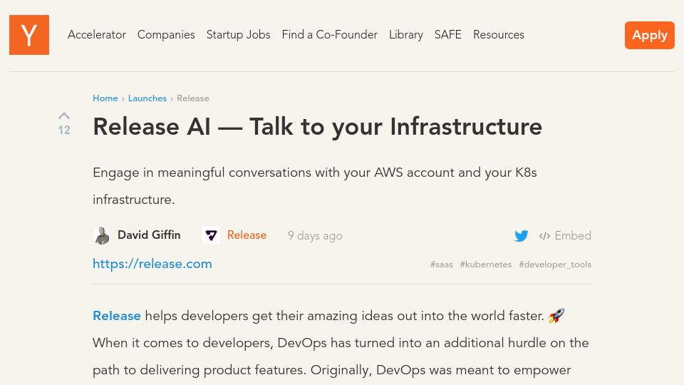 Screenshot of Hacker News post: Show HN: Release AI – Talk to Your Infrastructure