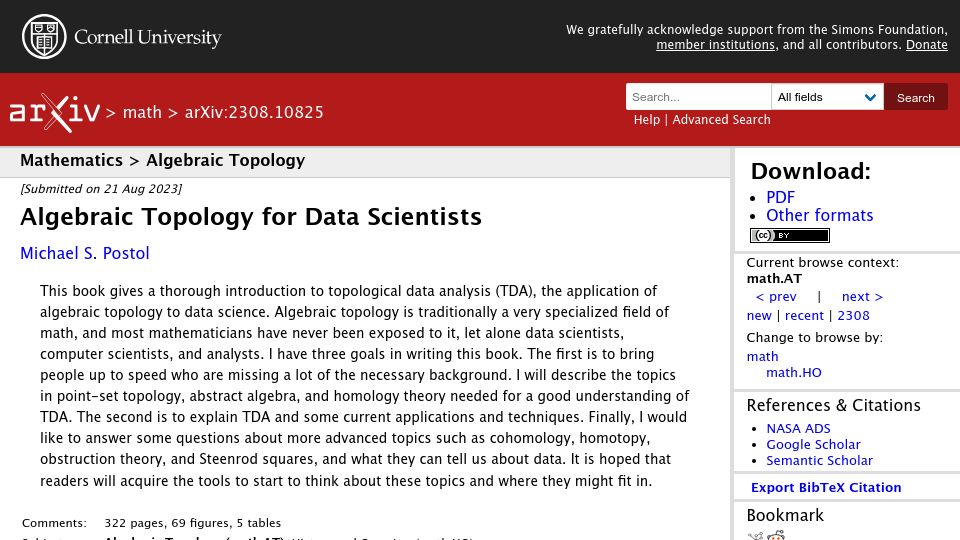 Screenshot of arxiv.org: Algebraic Topology for Data Scientists