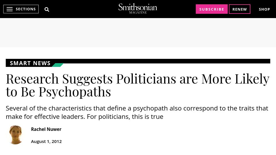 Screenshot of smithsonianmag.com: Research Suggests Politicians Are More Likely to Be Psychopaths
