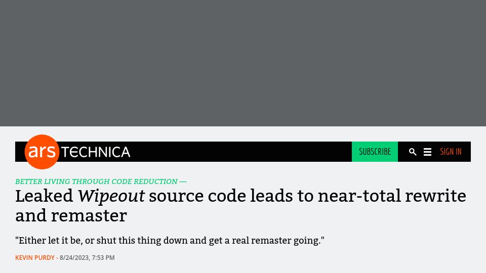 Screenshot of arstechnica.com: Leaked Wipeout source code leads to near-total rewrite and remaster