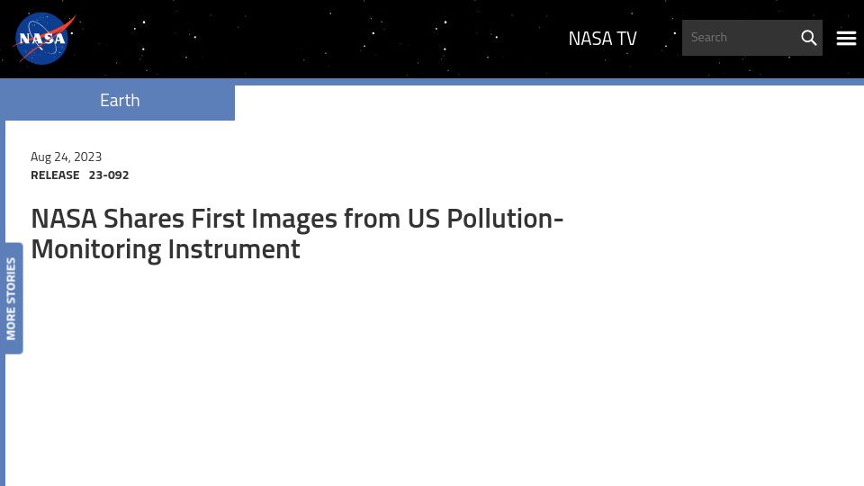 Screenshot of nasa.gov: NASA Shares First Images from US Pollution-Monitoring Instrument