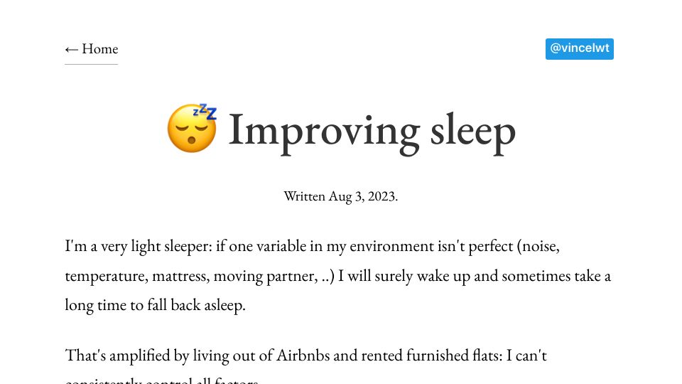 Screenshot of vincelwt.com: Things I tried to improve sleep