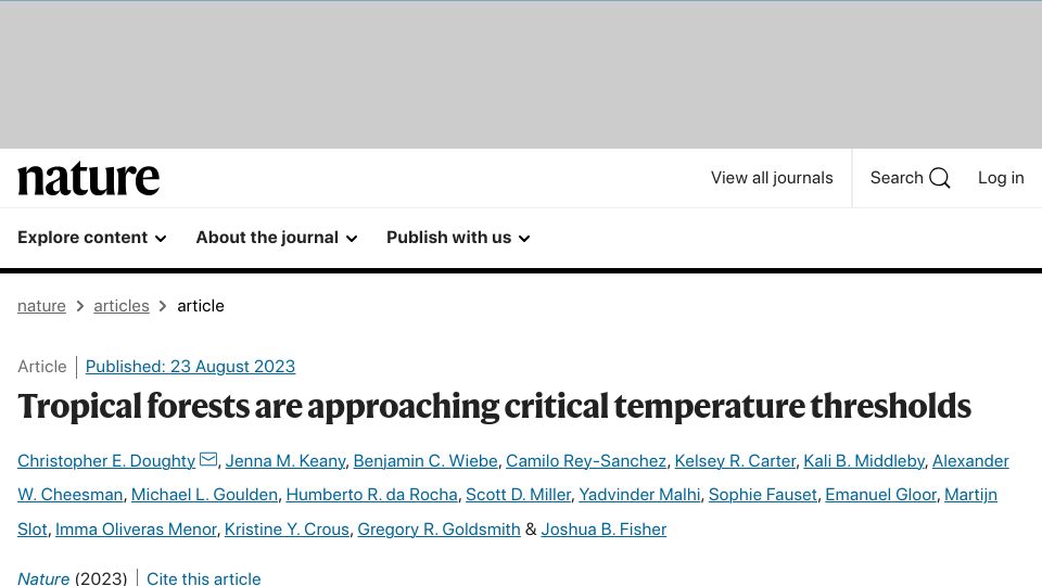 Screenshot of nature.com: Tropical forests are approaching critical temperature thresholds