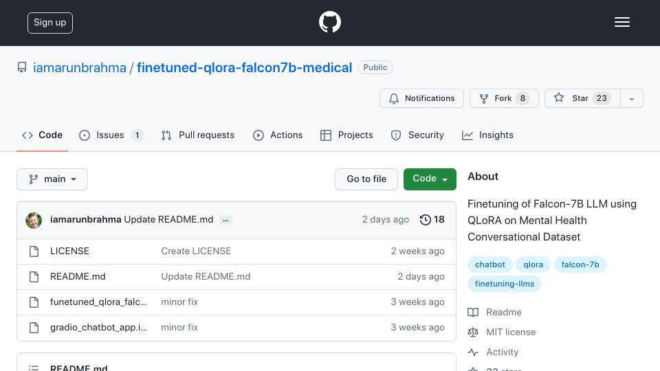 Screenshot of github.com: Finetuning of Falcon-7B LLM Using QLoRA on Mental Health Conversational Dataset
