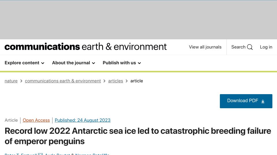 Screenshot of nature.com: Record low sea ice led to catastrophic breeding failure of emperor penguins