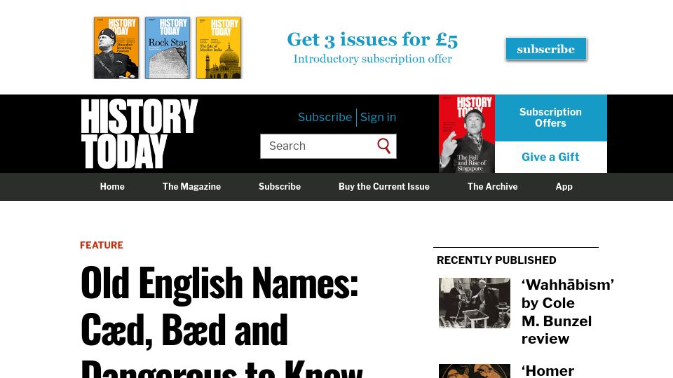 Screenshot of historytoday.com: Old English names: Cæd, bæd and dangerous to know