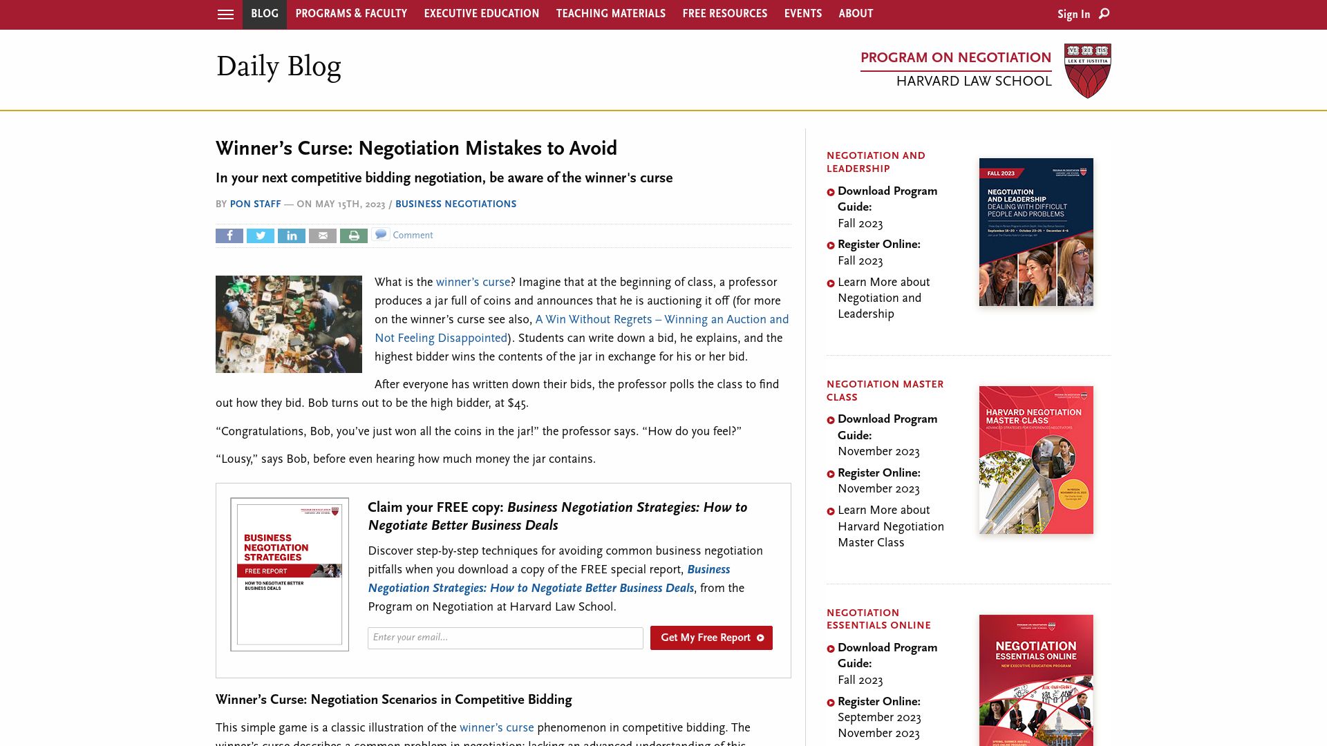 Screenshot of pon.harvard.edu: Winner’s Curse: Negotiation Mistakes to Avoid