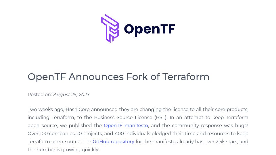 Screenshot of opentf.org: OpenTF announces fork of Terraform