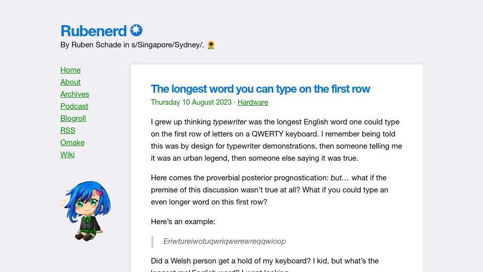 Screenshot of rubenerd.com: The longest word you can type on the first row