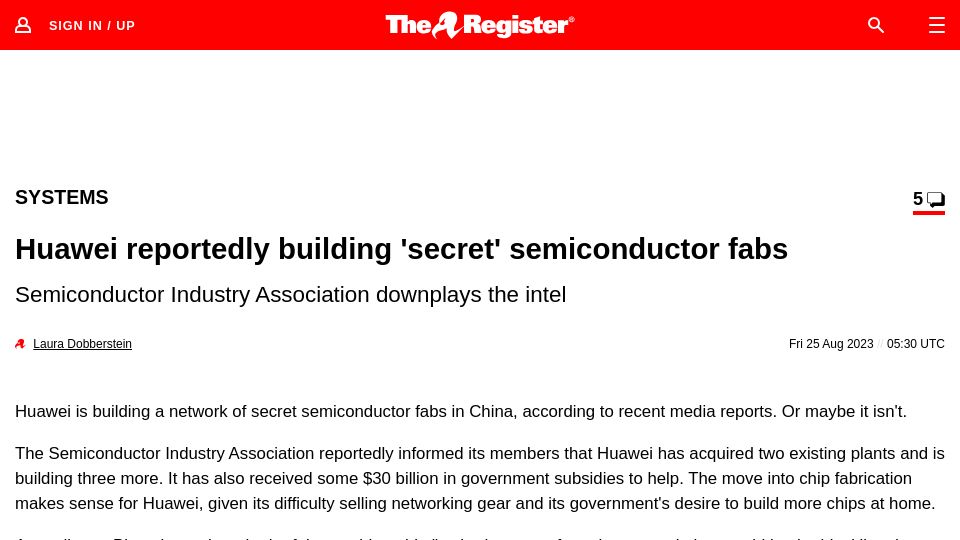 Screenshot of theregister.com: Huawei reportedly building 'secret' semiconductor fabs