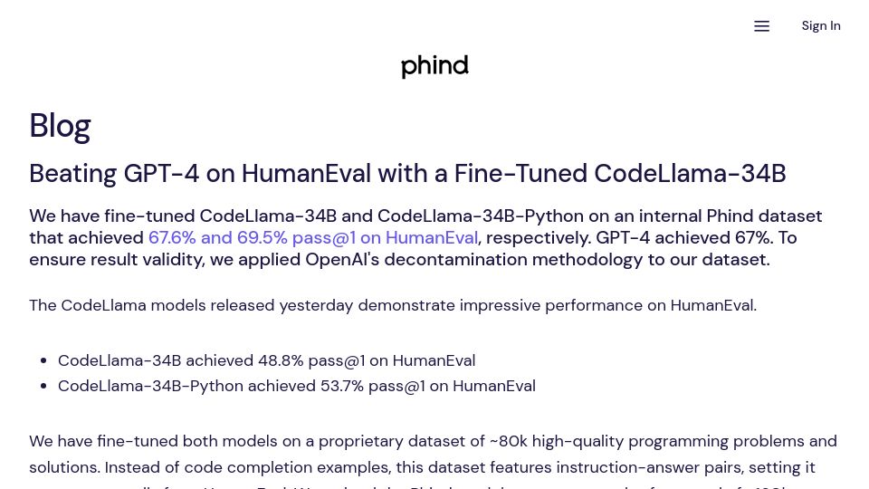 Screenshot of phind.com: Beating GPT-4 on HumanEval with a fine-tuned CodeLlama-34B