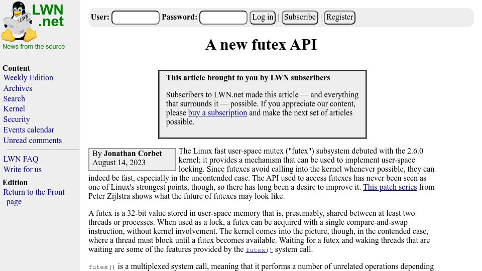 Screenshot of lwn.net: A new futex API