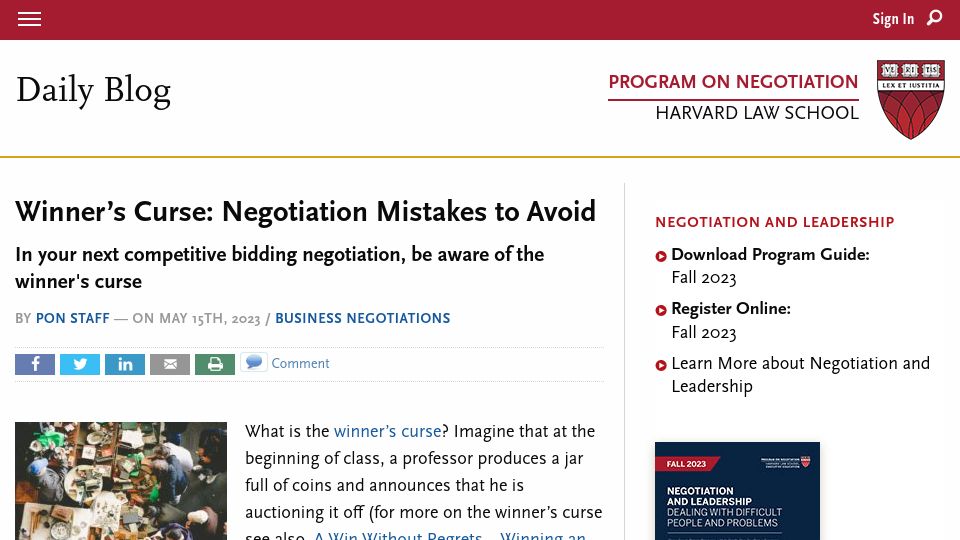 Screenshot of pon.harvard.edu: Winner’s Curse: Negotiation Mistakes to Avoid