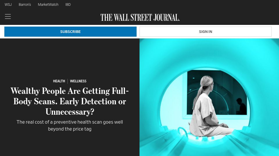 Screenshot of wsj.com: The real cost of a preventive health scan goes well beyond the price tag