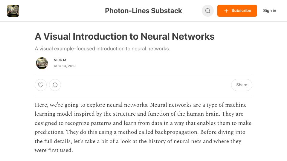 Screenshot of photonlines.substack.com: Visualizing Neural Networks