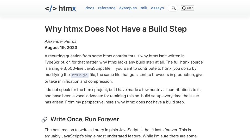Screenshot of htmx.org: Why Htmx Does Not Have a Build Step
