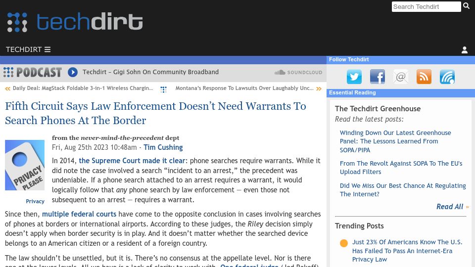 Screenshot of techdirt.com: Fifth Circuit: Law enforcement doesn’t need warrants to search phones at border