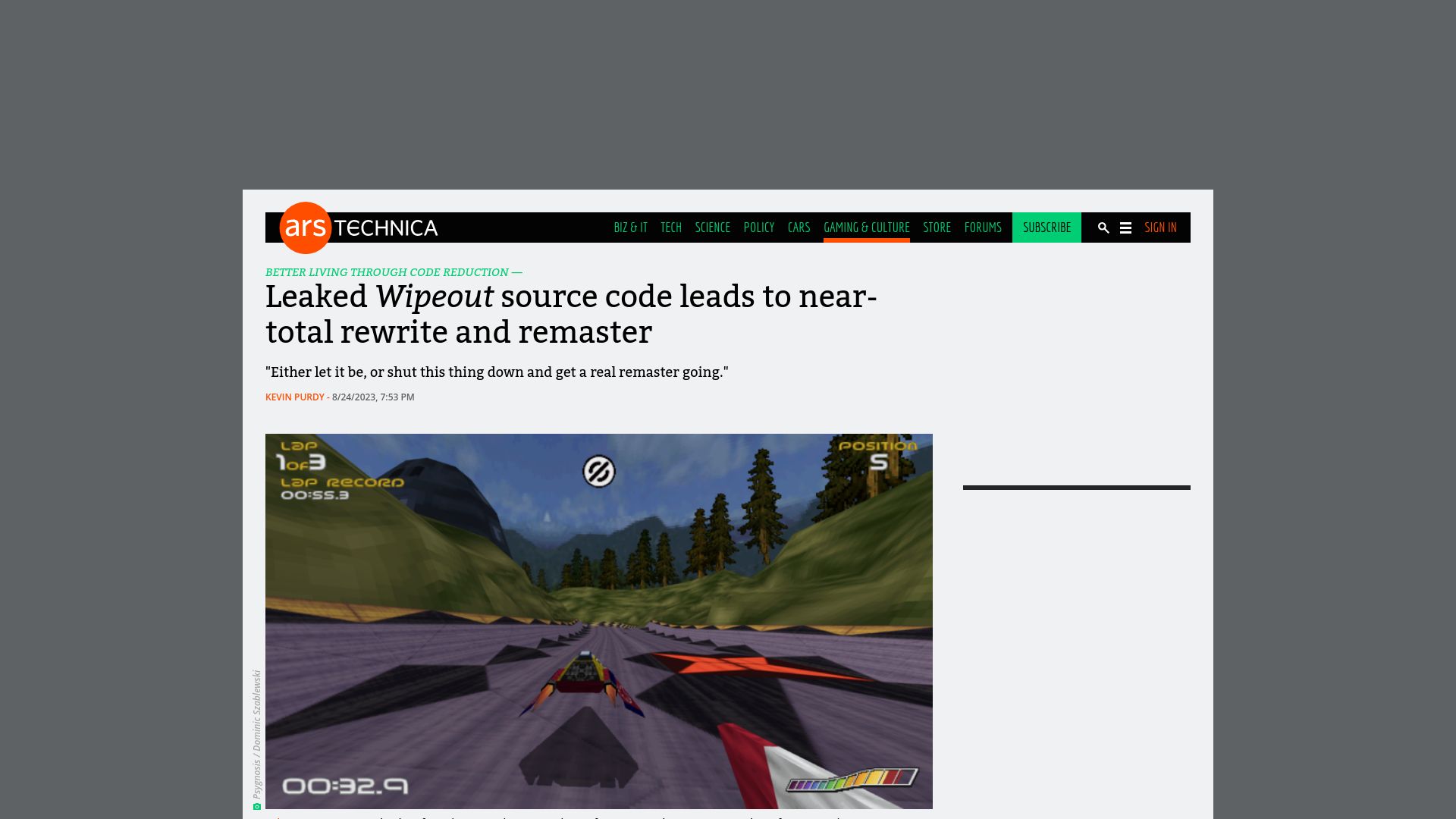 Screenshot of arstechnica.com: Leaked Wipeout source code leads to near-total rewrite and remaster