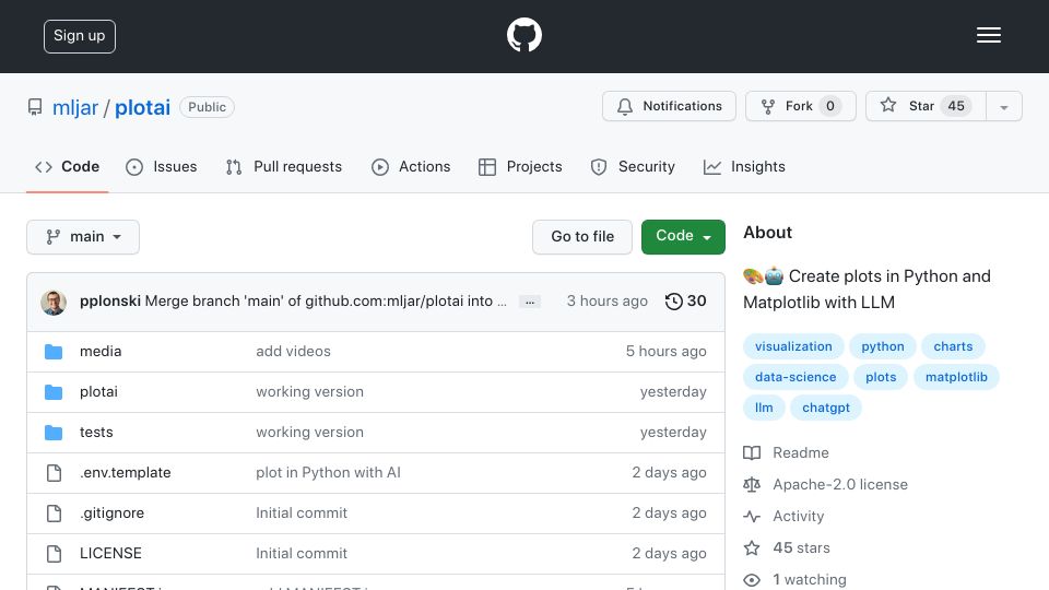 Screenshot of github.com: Show HN: PlotAI – Create Plots in Python and Matplotlib with LLM