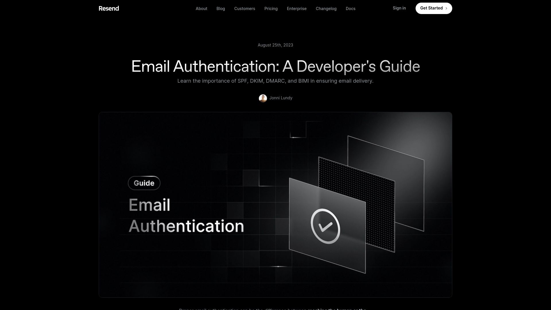 Screenshot of resend.com: Email Authentication: A Developer's Guide