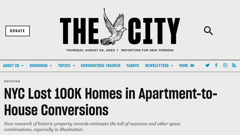 Screenshot of thecity.nyc: NYC Lost 100K Homes in Apartment-to-House Conversions
