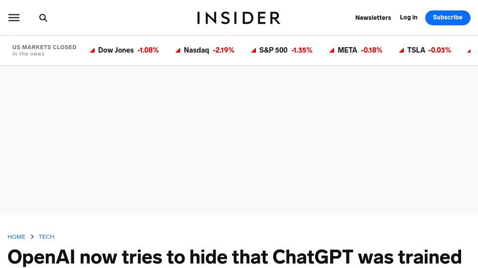 Screenshot of businessinsider.com: OpenAI now tries to hide that ChatGPT was trained on copyrighted books